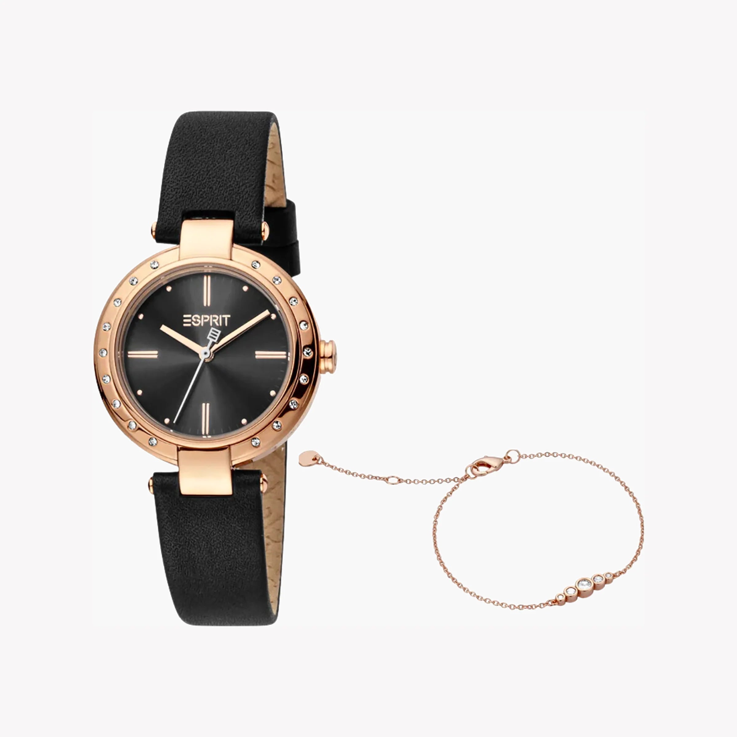 ESPRIT Women's Watch with Rose Gold Stainless Steel Case and Black Leather Band