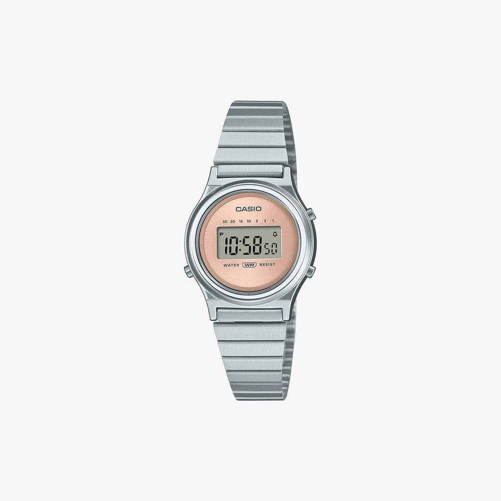 CASIO Women's Watch with Silver Chrome Plated Resin Case and Silver Stainless Steel Band