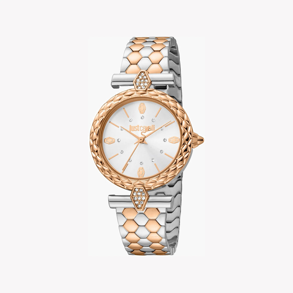 JUST CAVALLI Women's Watch with Silver & Rose Gold Stainless Steel Case and Silver & Rose Gold Stainless Steel Band