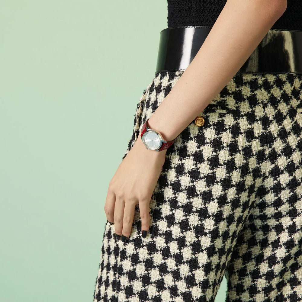 Gucci Women's Silver & Red Leather Watch, Silver Dial | Ya1265057 by i-watch