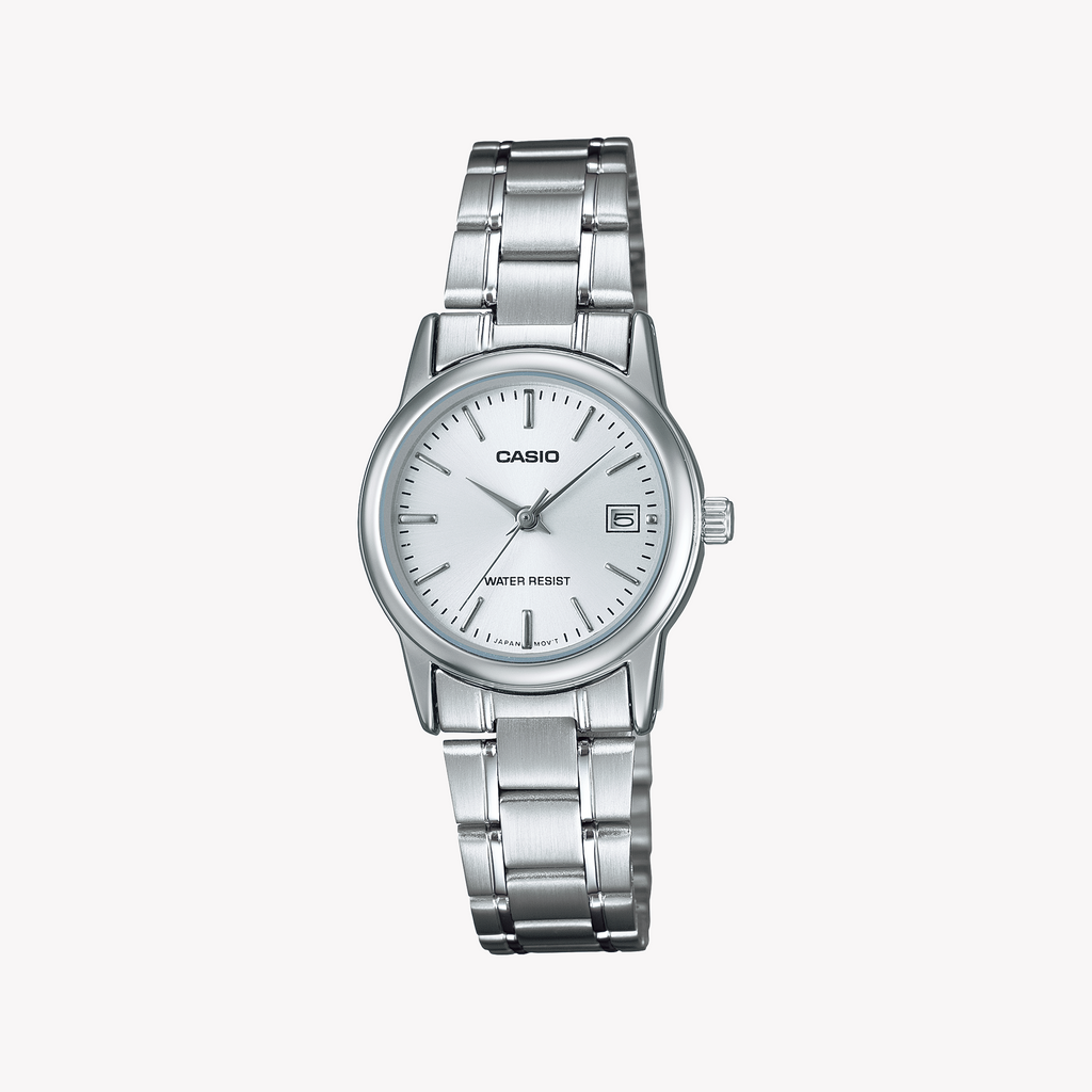 CASIO LTP-V002D-7AUDF - ELEGANT SPORTY TIMEPIECE FOR WOMEN with Sleek Silver Band and Chic White Dial