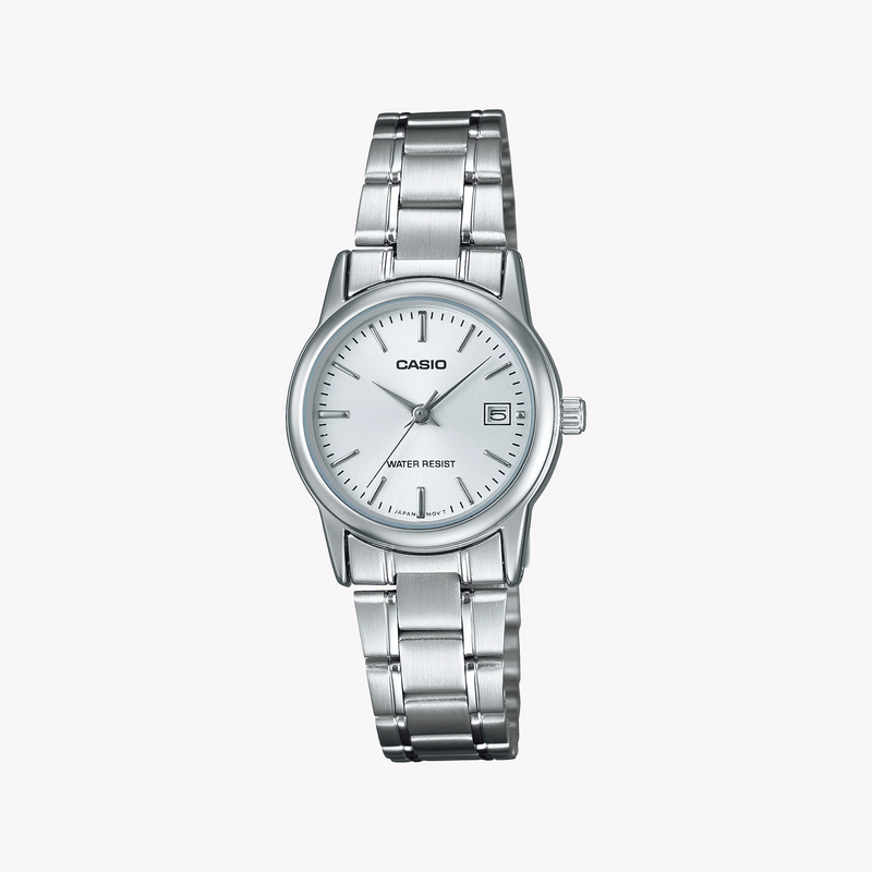 Casio Ltp-V002d-7audf - Elegant Sporty Timepiece For Women With Sleek Silver BAnd and Chic White Dial by i-watch