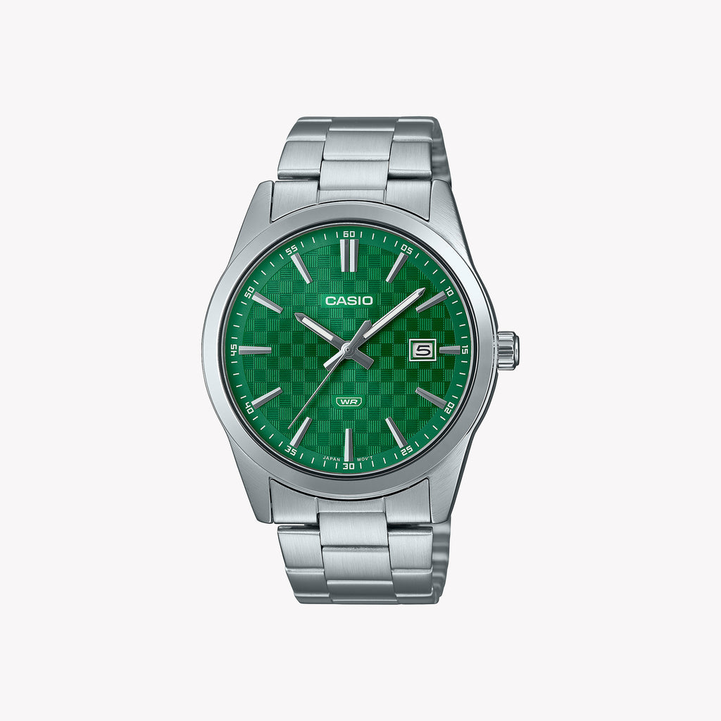 CASIO MTP-VD03D-3A1 BOLD EXPLORER - MEN'S STAINLESS STEEL WATCH WITH VIBRANT GREEN DIAL