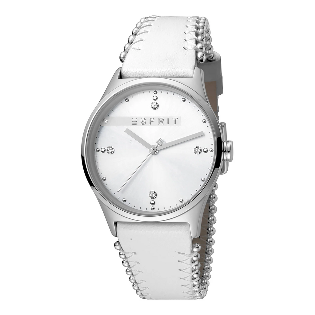 ESPRIT Women's Watch with Silver Stainless Steel Case and White Leather Band