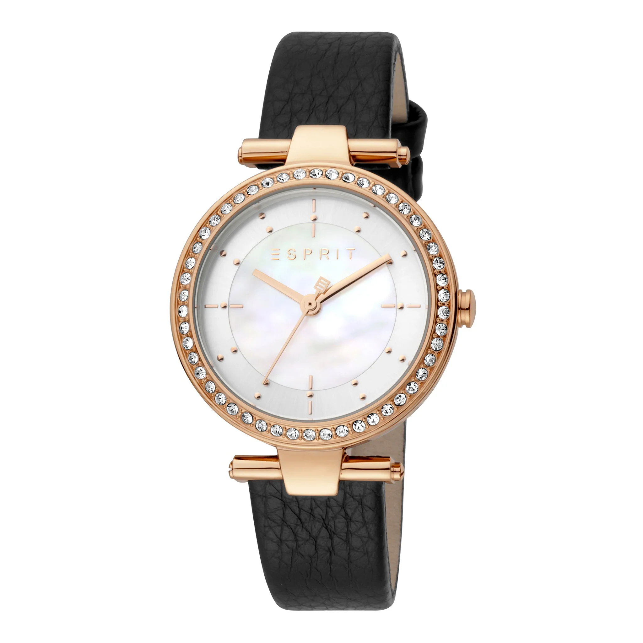 ESPRIT Women's Watch with Rose Gold Stainless Steel Case and Black Leather Band