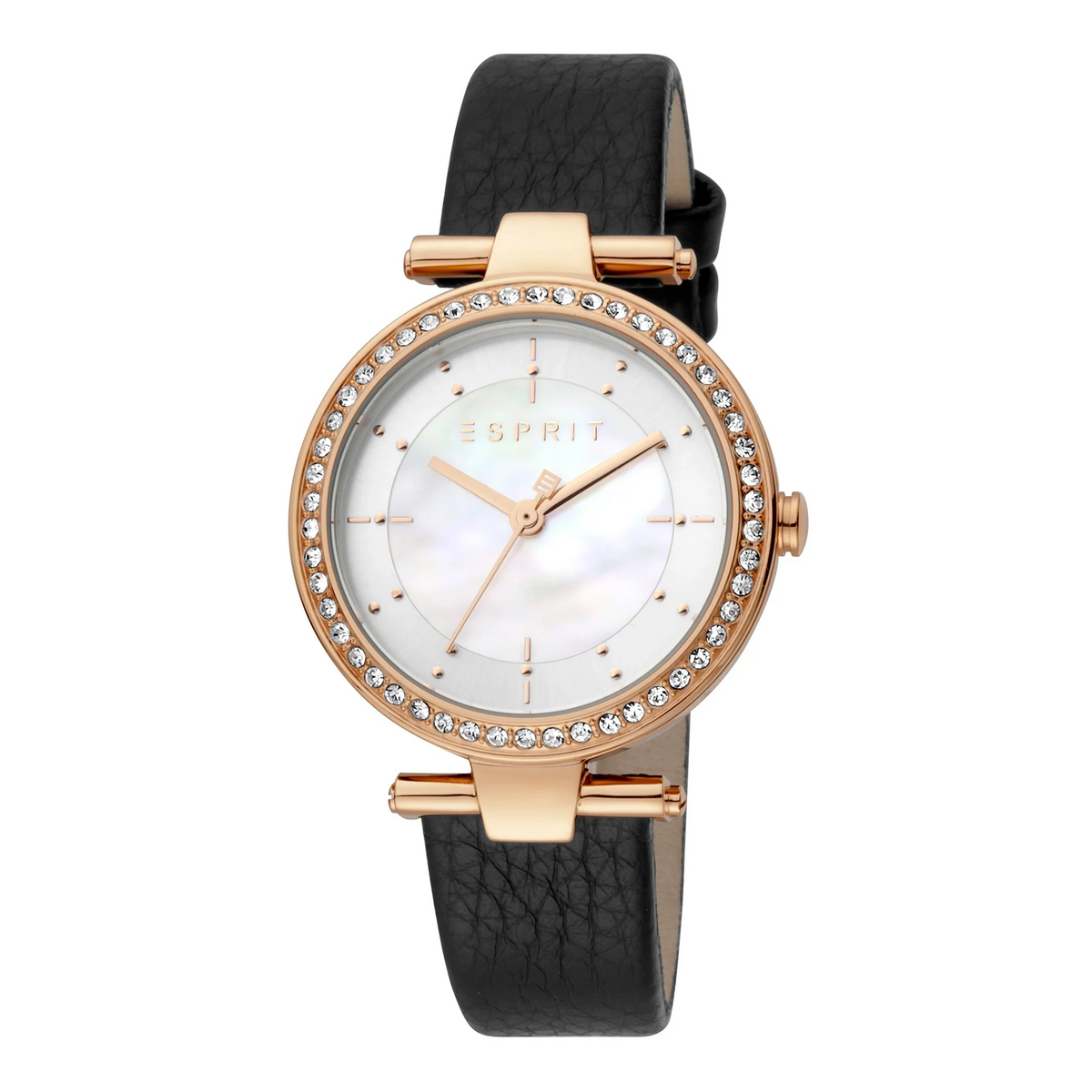 ESPRIT Women's Watch with Rose Gold Stainless Steel Case and Black Leather Band