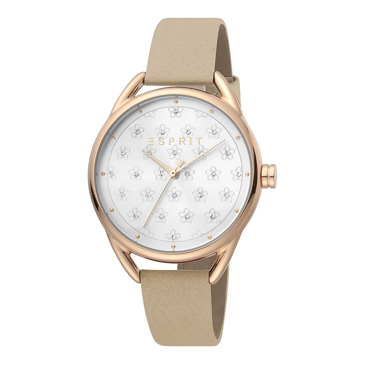 ESPRIT Women's Watch with Rose Gold Stainless Steel Case and Beige Leather Band