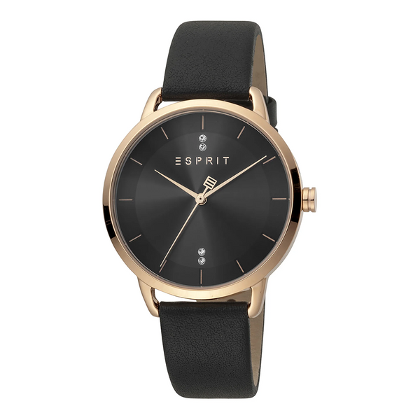 Esprit Women's Watch With Rose Gold Stainless Steel Case And Black Leather Band by i-watch