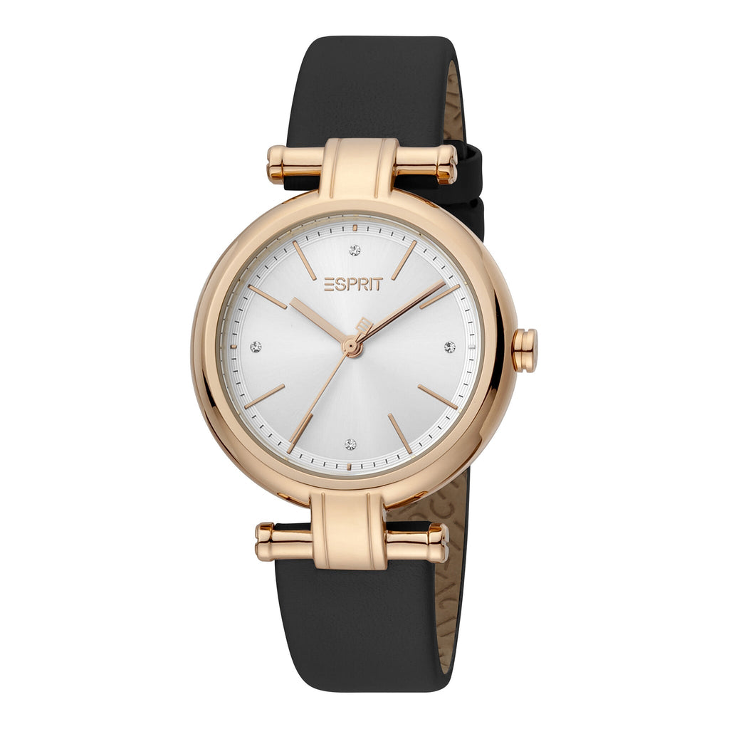 ESPRIT Women's Watch with Rose Gold Stainless Steel Case and Black Leather Band