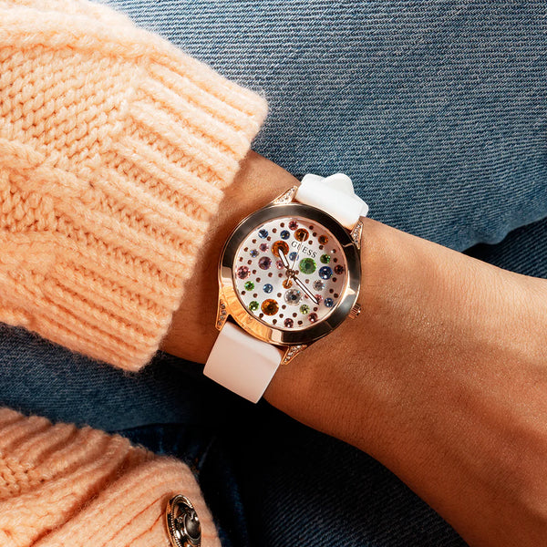 Guess Women's Rose Gold Silicone Watch, White Dial | Gw0678l4 by i-watch