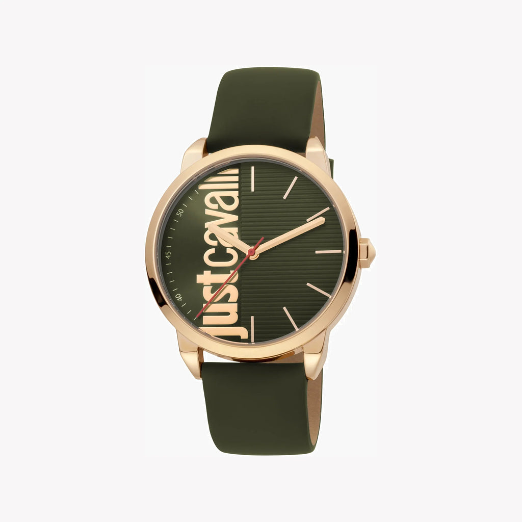 JUST CAVALLI JC1G079L0025 - ELEGANT GREEN DIAL MENS WATCH WITH ROSE GOLD CASE & LEATHER BAND