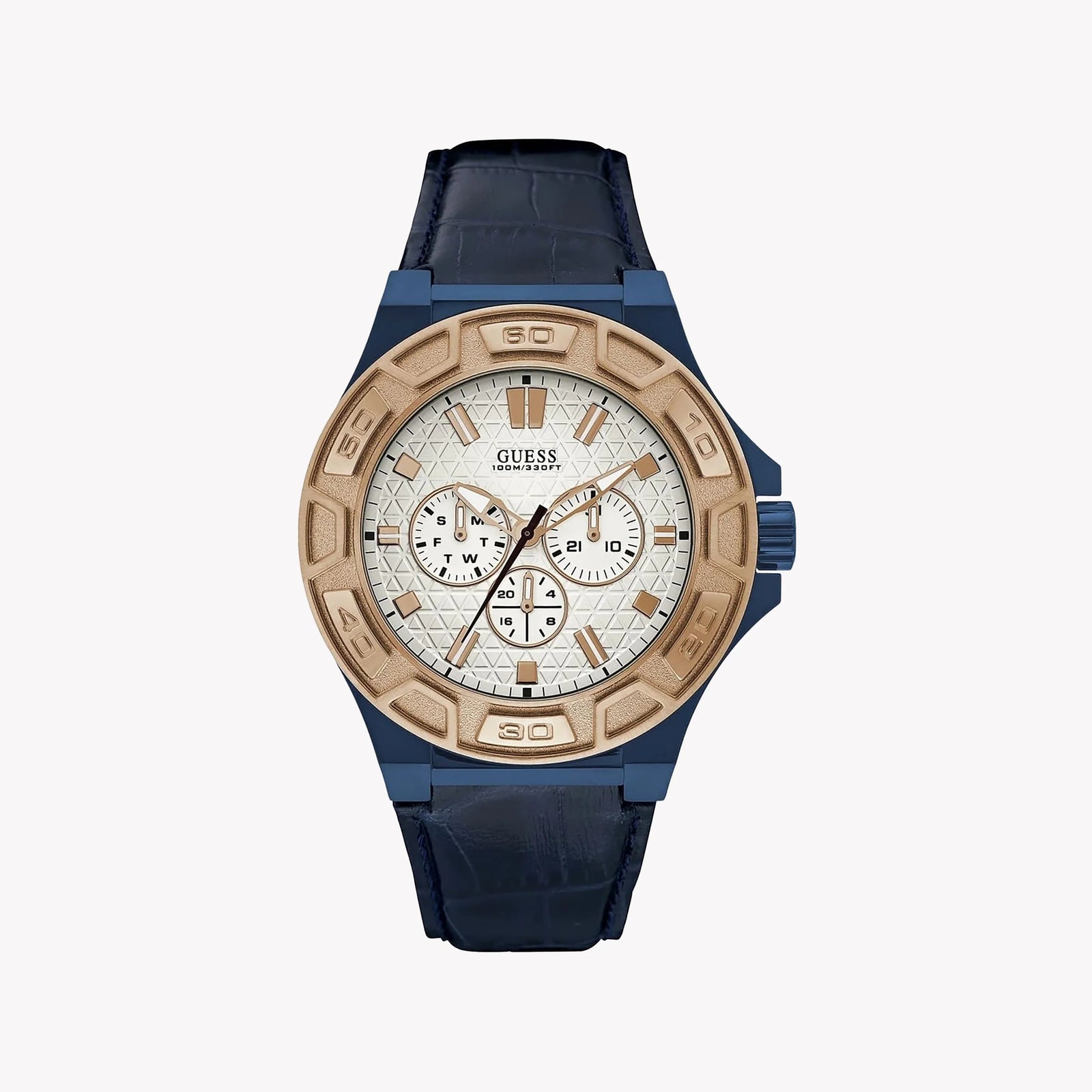 GUESS W0674G7 ROSE GOLD & BLUE LEATHER - STRIKING MODERN MEN'S TIMEPIECE