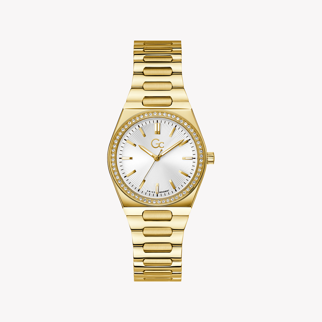 GUESS COLLECTION Z38002L1MF - GOLDEN RADIANCE: ELEGANT WOMEN'S WATCH with White Dial & Luxe Stainless Steel Band