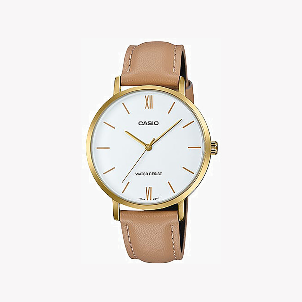 CASIO LTP-VT01GL-7BUDF SPORTY ELEGANCE - TIMELESS WOMEN'S WATCH WITH GOLD STAINLESS STEEL & BROWN LEATHER BAND