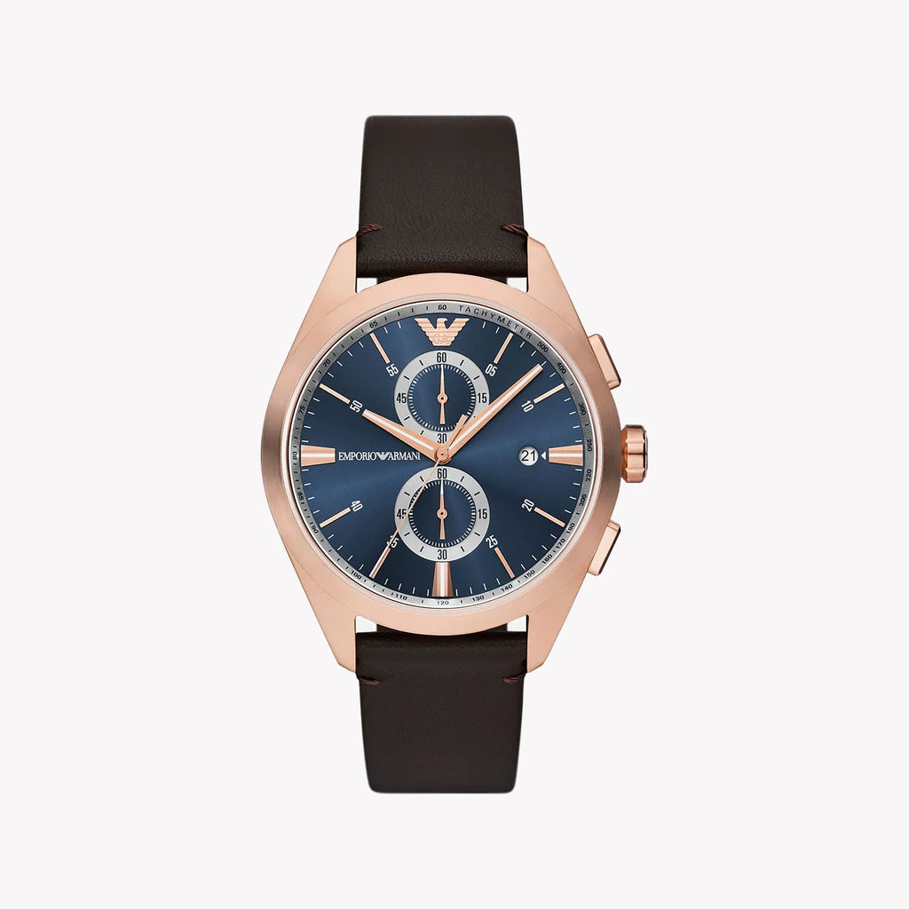 EMPORIO ARMANI AR11554 - ROSE GOLD POWERHOUSE MEN'S WATCH WITH BLUE DIAL & BLACK LEATHER BAND