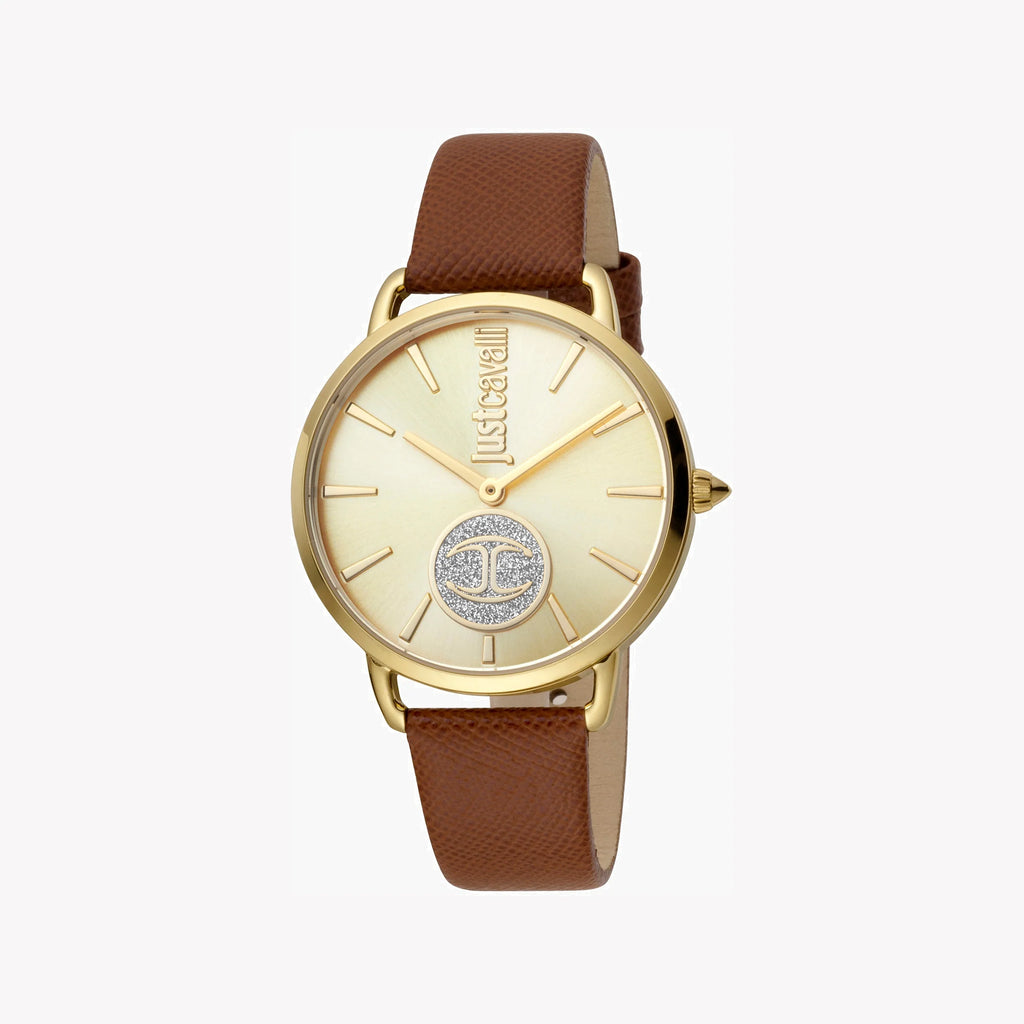 JUST CAVALLI Women's Watch with Gold Stainless Steel Case and Brown Leather Band