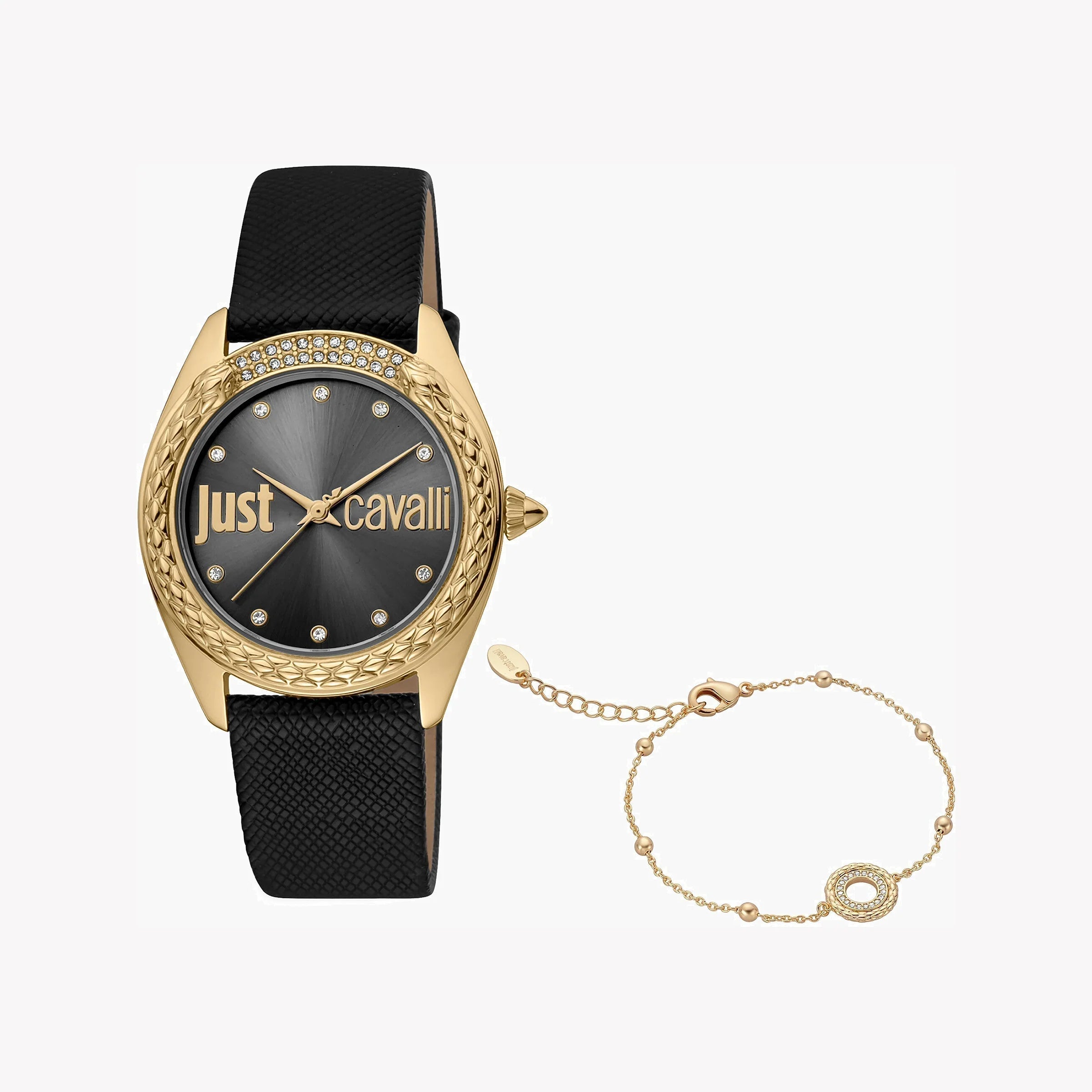 JUST CAVALLI Women's Watch with Gold Stainless Steel Case and Black Leather Band