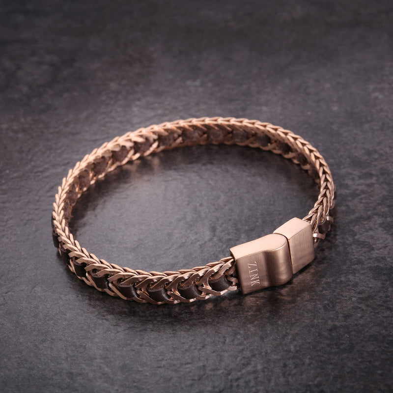 Zink Men's Brown & Rose Gold Stainless Steel & Leather Bracelet | Zjbc037108