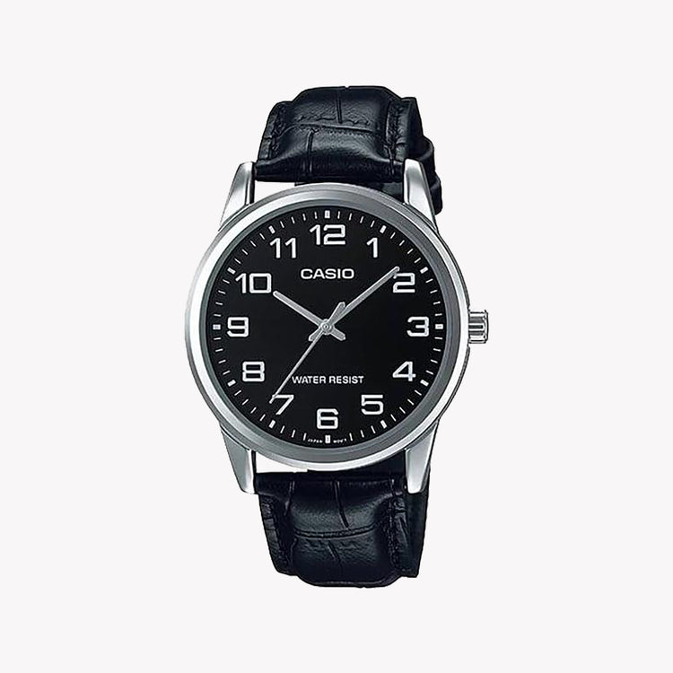 Timeless Elegance Men's Silver Watch, Black Leather | MTP-V001L-1BUDF