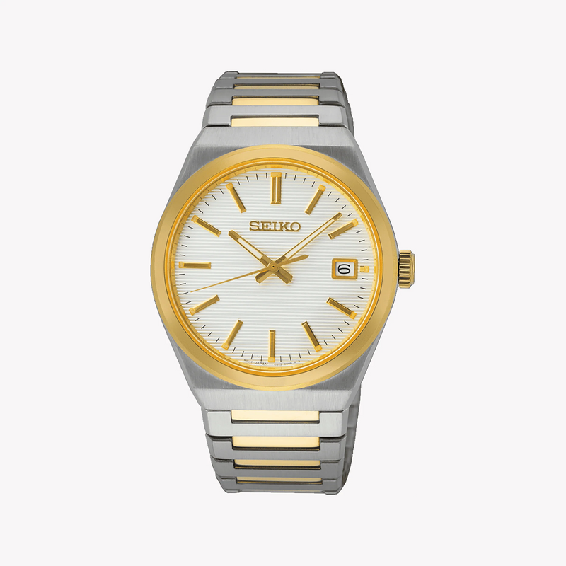 Seiko Men's Silver & Gold Watch, White Dial | Sur558p1 by i-watch