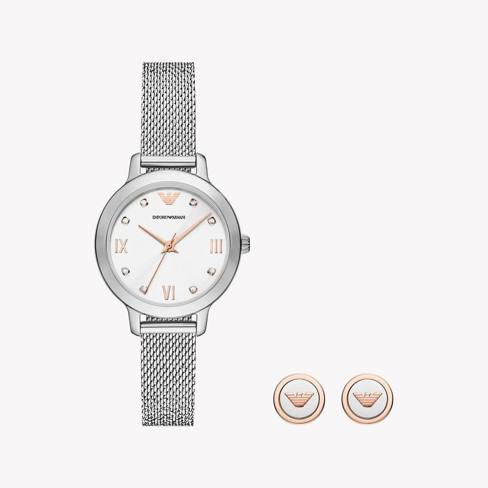 Emporio Armani Women's Silver Stainless Steel Watch, White Dial | Ar80065set by i-watch