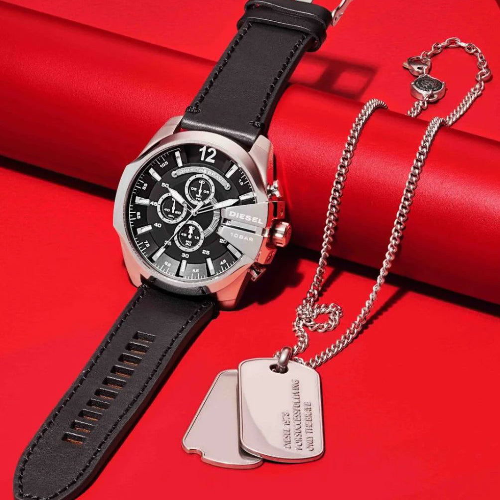 Diesel Men's Silver Stainless Steel, Black Leather | DZ4559
