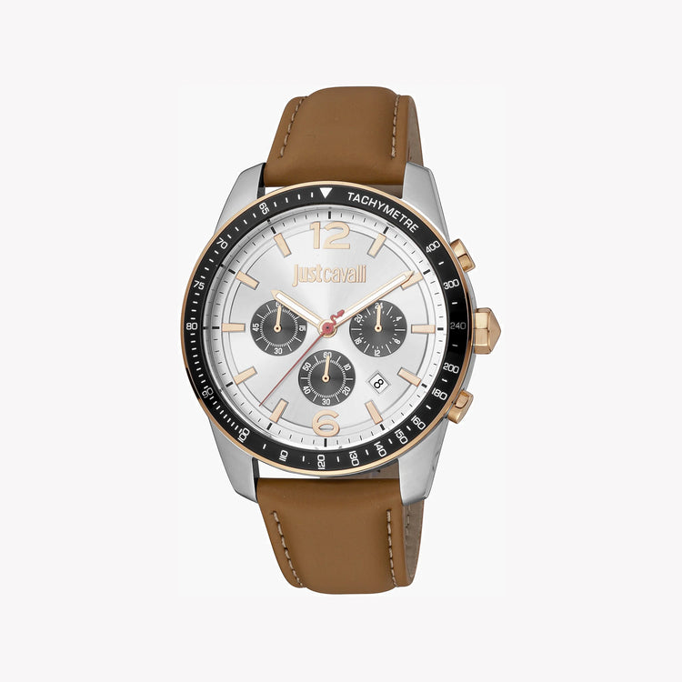 Just Cavalli Men's Brown Leather Watch, Silver Dial | JC1G204L0035