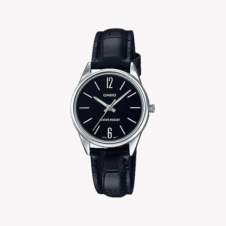 Casio Women's Stainless Steel Leather Watch, Silver Black | LTP-V005L-1AUD
