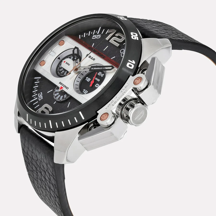 Diesel Men's Silver Watch, Black Leather Band | Dz4361 by i-watch