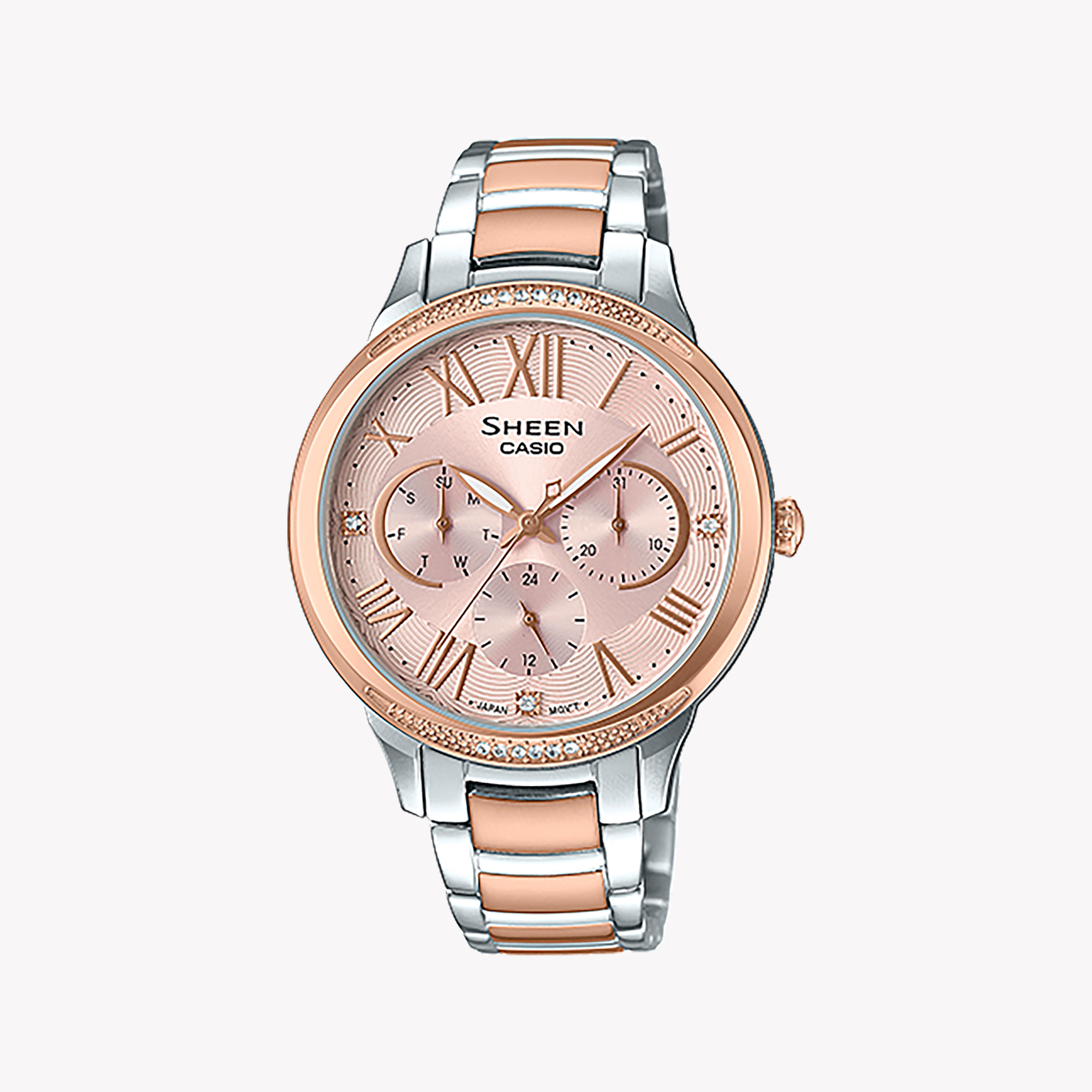 CASIO SHE-3058SPG-4AUDR ELEGANTLY CHIC - SPORTY LUXURY WOMEN'S WATCH with Swarovski Crystals and Rose Gold Band