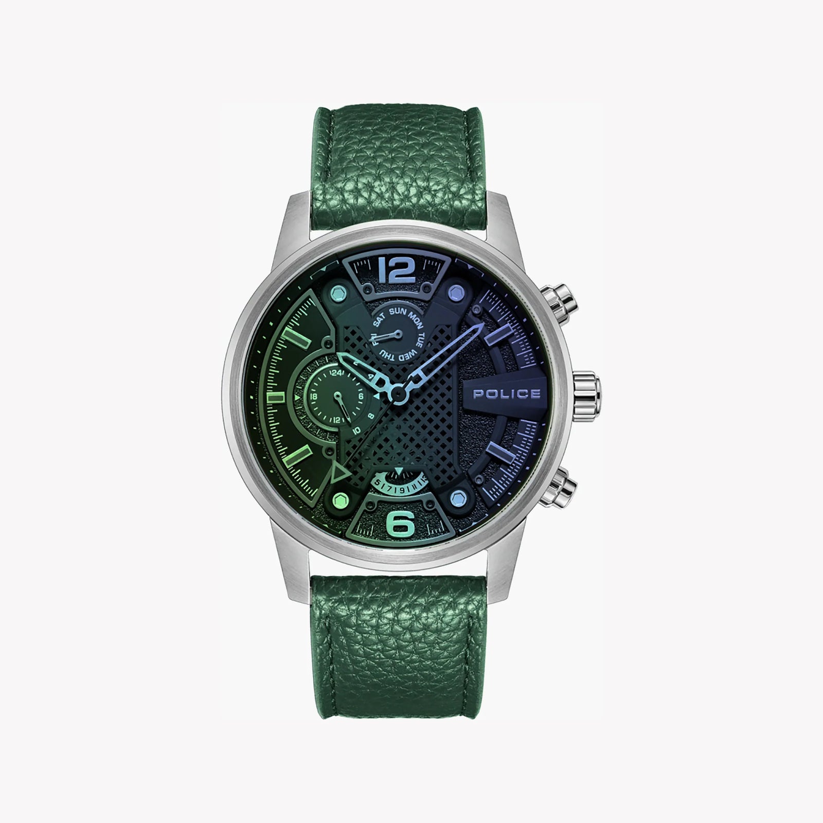 Police Watches Men's Silver Stainless Steel, Green Leather | Pewjf2203307 by i-watch