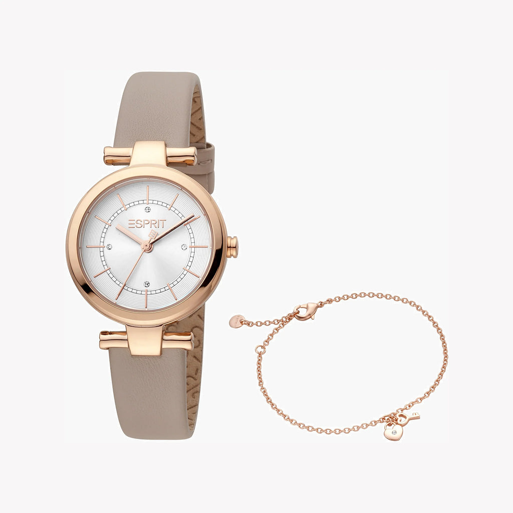 ESPRIT Women's Watch with Rose Gold Stainless Steel Case and Beige Leather Band