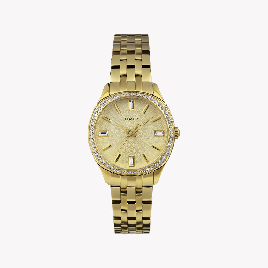 TIMEX CUSHION GOLD-TONE WATCH - GLAMOROUS TIMEPIECE WITH CRYSTAL ACCENTS AND STUNNING GOLD DIAL