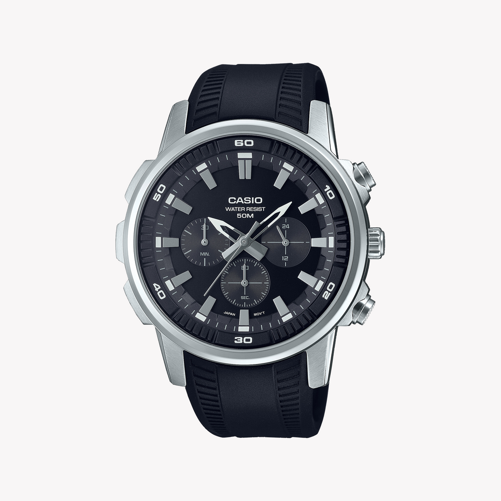 CASIO MTP-E505-1AVDF RUGGED ELEGANCE - MEN'S STYLISH SPORT WATCH WITH BLACK DIAL & RESIN BAND