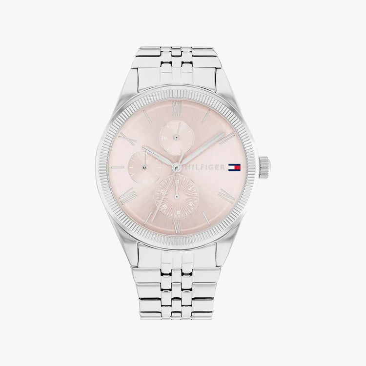 TOMMY HILFIGER 1685262 ELEGANTE DUALITAT STILVOLLE DAMENUHR mit rosafarbenem Zifferblatt und silbernem Edelstahlarmband