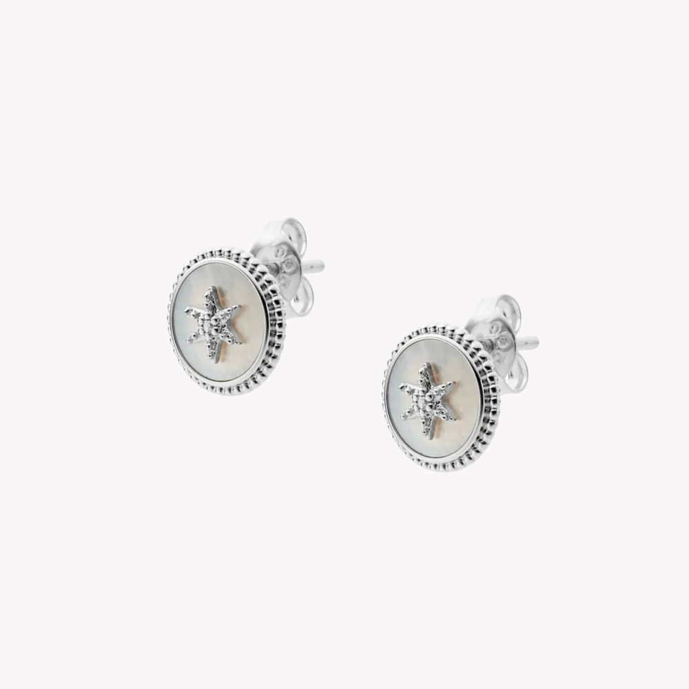 Fossil Women's Silver Stud Earrings, Mother of Pearl & Cubic Zirconia | JFS00500040