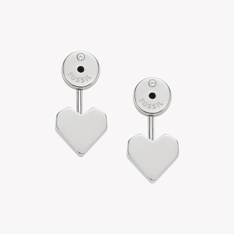 Fossil Women's Silver-Tone Earrings, Heart Ear Jackets with Cubic Zirconia | JF02553040