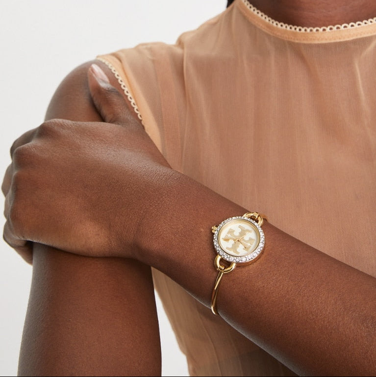 Tory Burch Damenuhr mit goldenem Edelstahlgehäuse und goldenem Edelstahlarmband