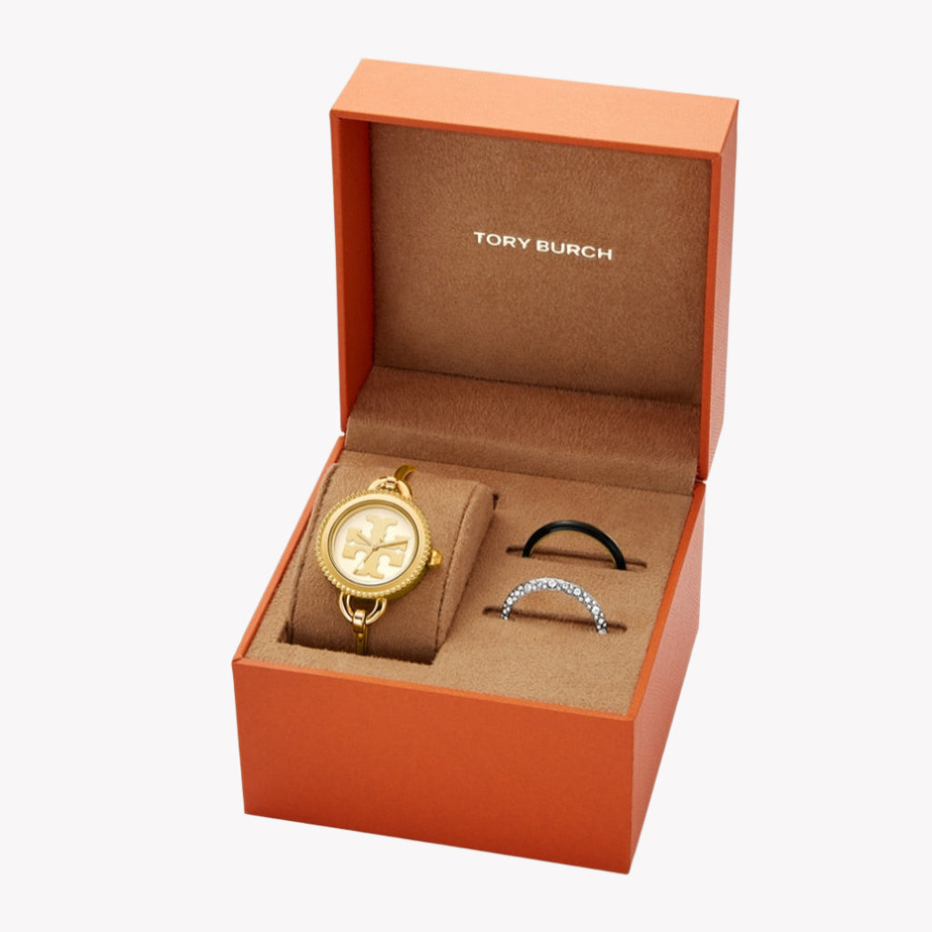 Tory Burch Damenuhr mit goldenem Edelstahlgehäuse und goldenem Edelstahlarmband
