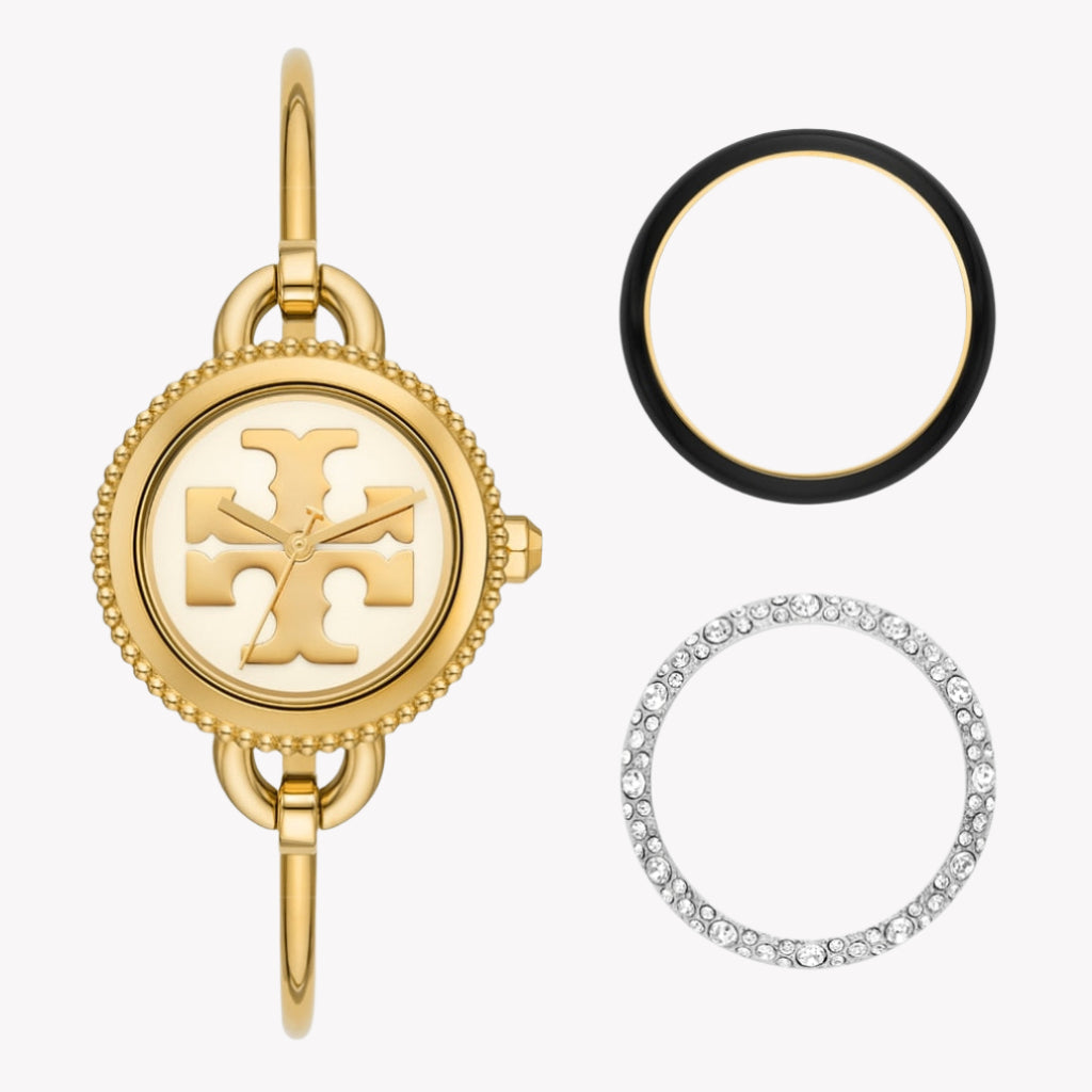 Tory Burch Damenuhr mit goldenem Edelstahlgehäuse und goldenem Edelstahlarmband