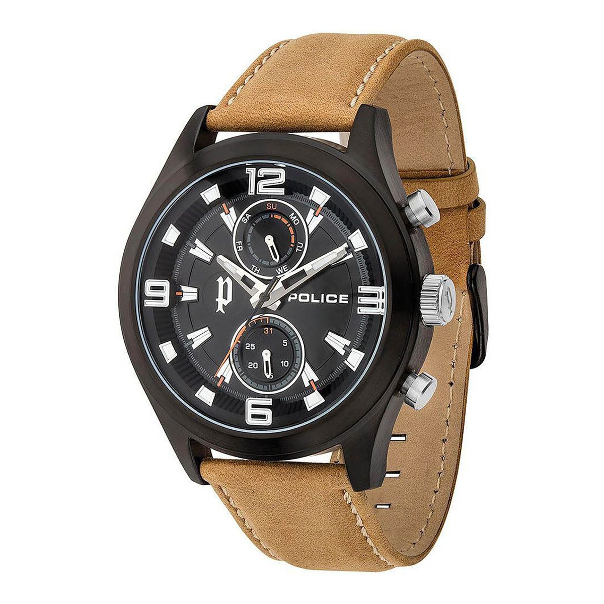 POLICE STAINLESS STEEL MEN'S WATCH - BOLD BLACK DIAL & LUXURIOUS BROWN LEATHER STRAP