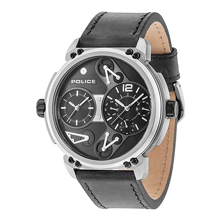 POLICE MEN'S TIMEPIECE - BOLD BLACK LEATHER & STAINLESS STEEL DESIGN