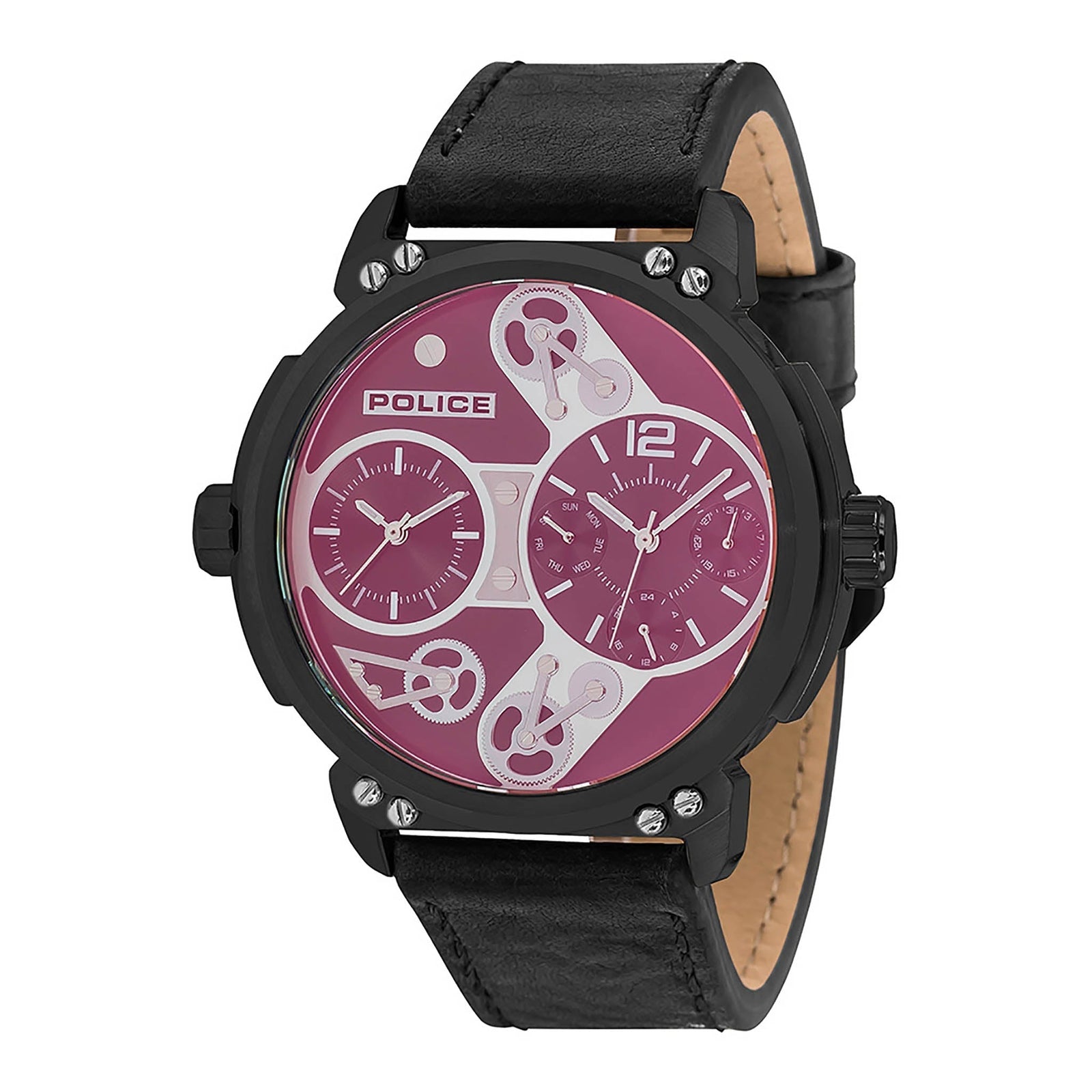 Police Men's Black Leather Watch, Red Dial | Pl13912jsu/04 by i-watch