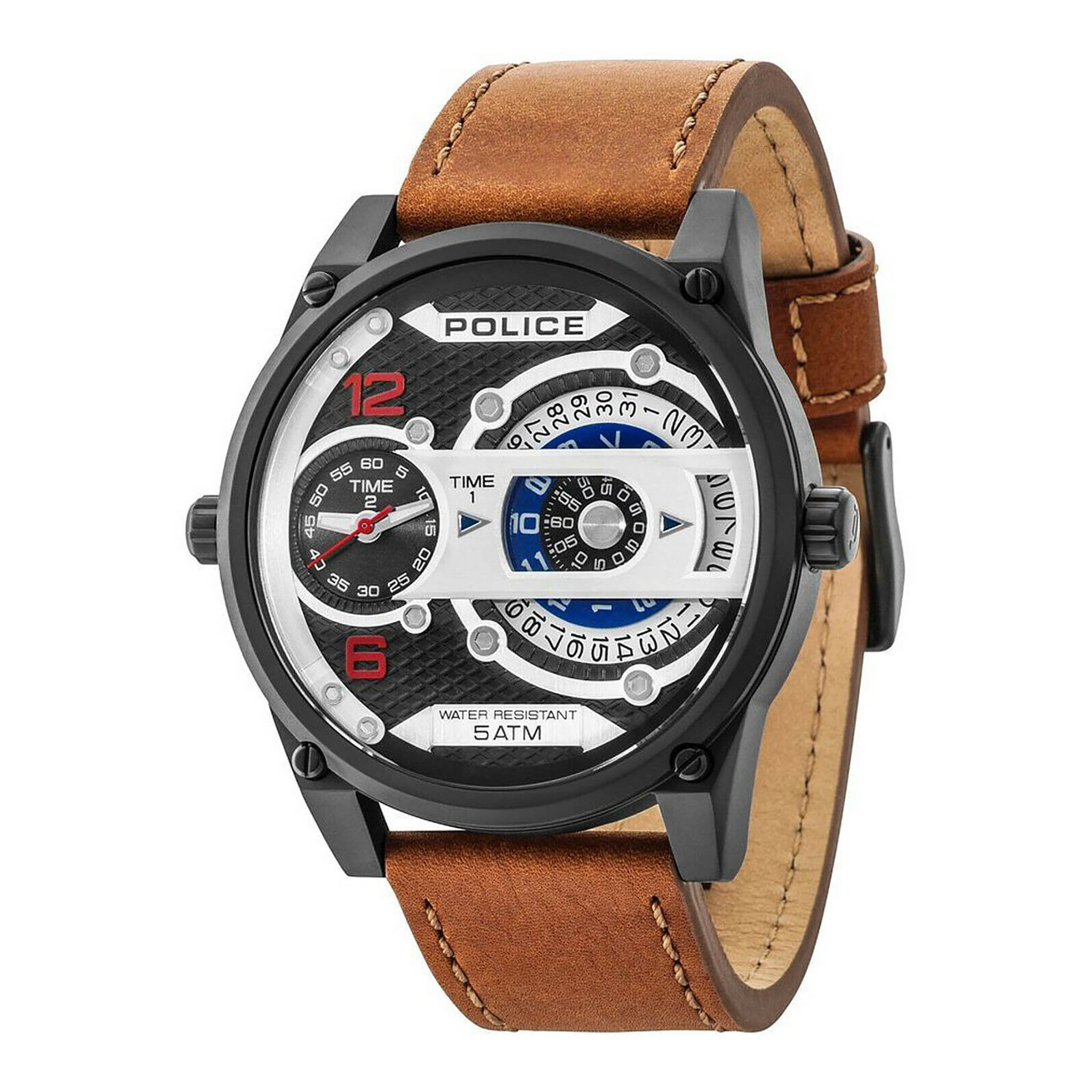 POLICE MEN'S WRISTWATCH - BOLD STAINLESS STEEL WITH BROWN LEATHER & MULTICOLOR DIAL