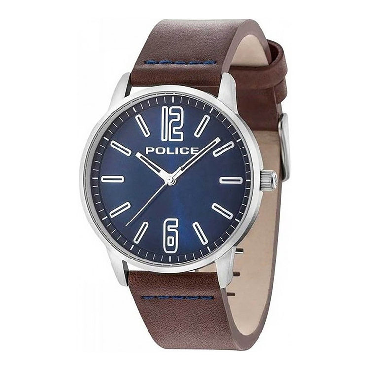 POLICE MEN'S STAINLESS STEEL TIMEPIECE - ELEGANT BLUE DIAL & LUXE BROWN LEATHER BAND