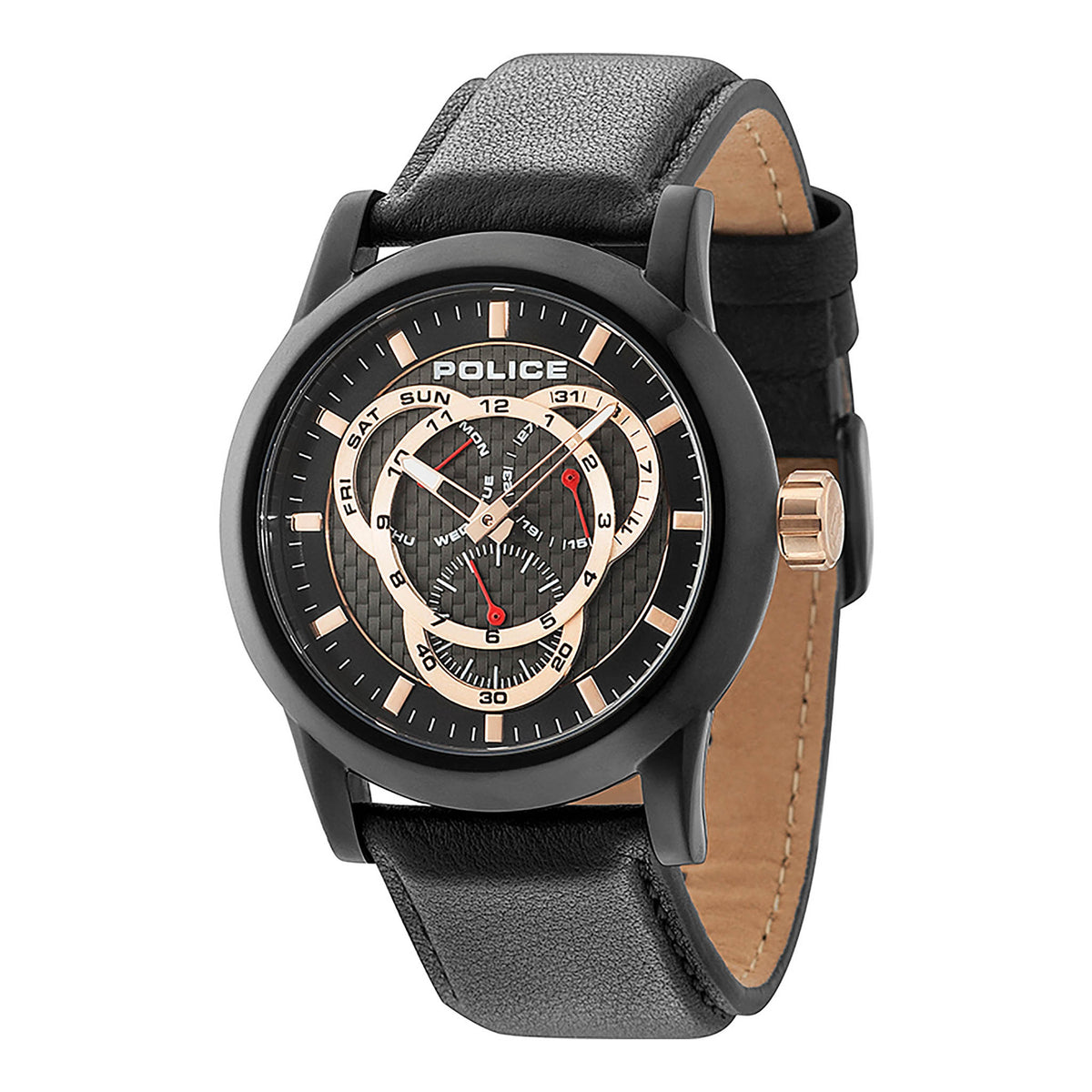 POLICE STUNNING MEN'S WATCH - BOLD BLACK LEATHER & MULTICOLOR DIAL TIMEPIECE