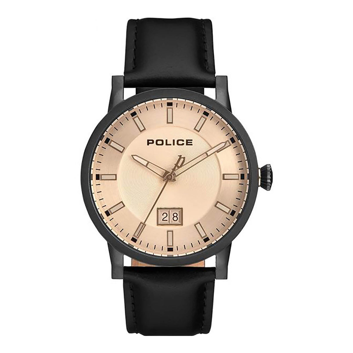 POLICE MEN'S BOLD DESIGN WRISTWATCH - STYLISH BLACK LEATHER & CHAMPAGNE DIAL 42MM