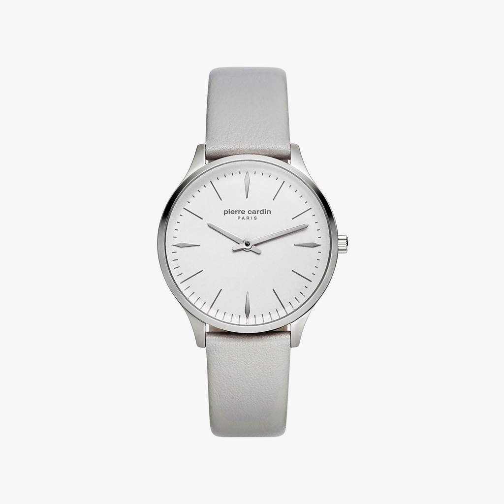 Montre femme PIERRE CARDIN avec boîtier en acier inoxydable argenté et bracelet en cuir gris
