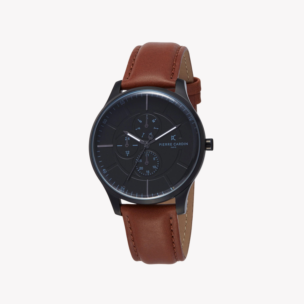 Pierre Cardin Men's Black Watch, Brown Leather Band | Pc902731f119