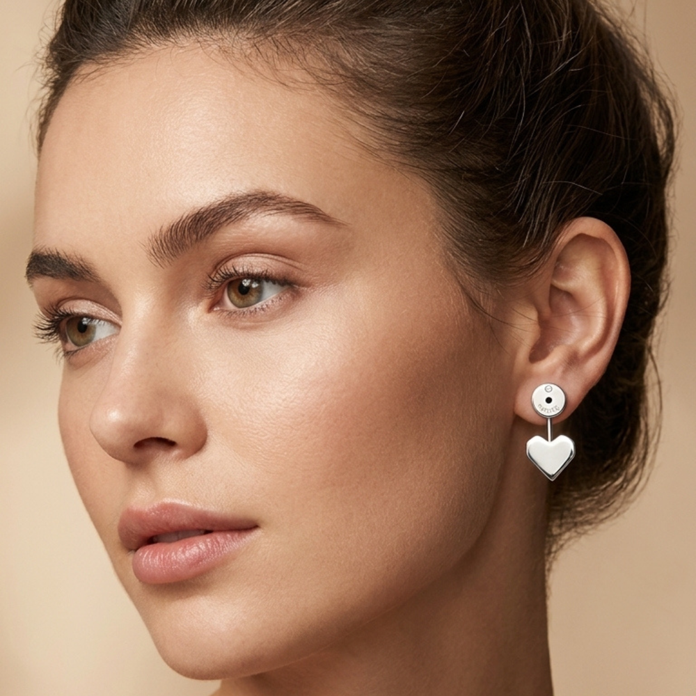 Fossil Women's Silver-Tone Earrings, Heart Ear Jackets with Cubic Zirconia | JF02553040